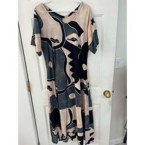 Abstract Artsy Blue Tan Maxi Dress Large Unique Ocean Beach Coastal Unbranded